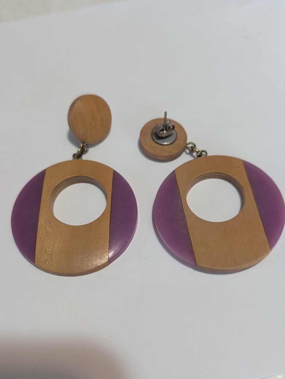 Wood and Purple Round Drop Earrings - Unbranded